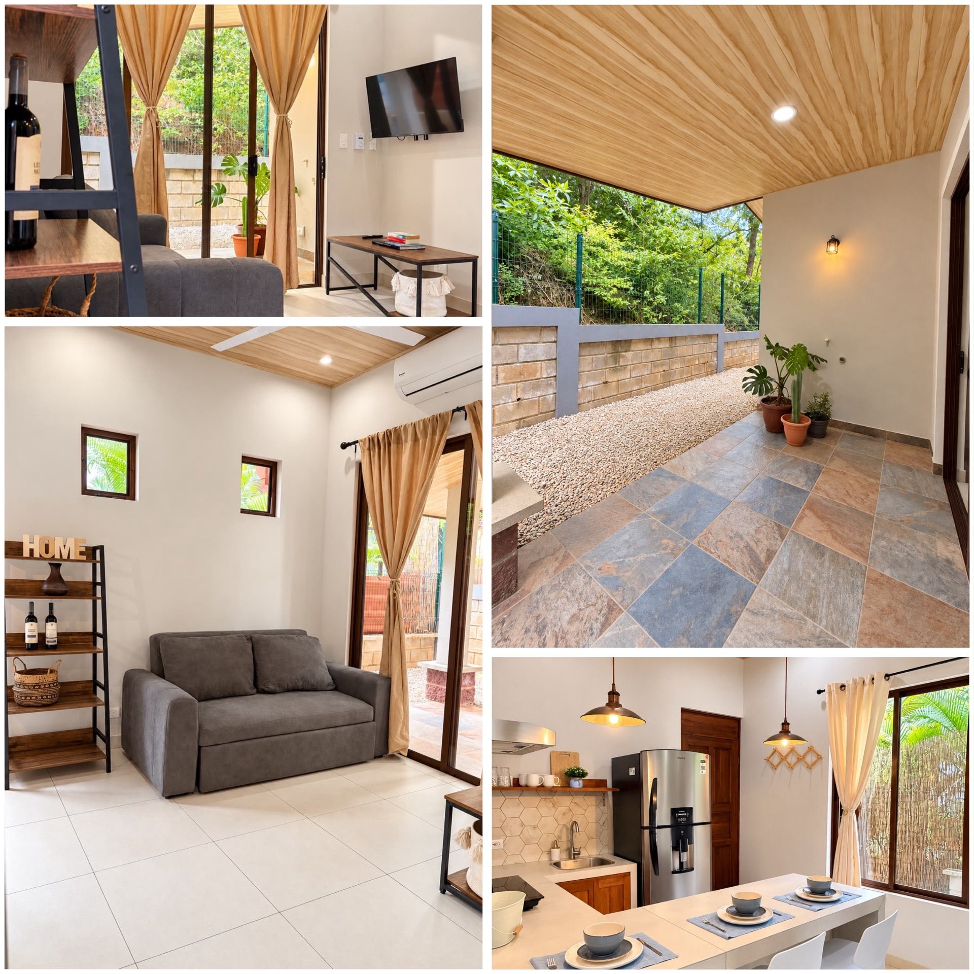 Collage of a living room with sofa, wall TV and A/C, a covered tiled patio with plants, and the open kitchen