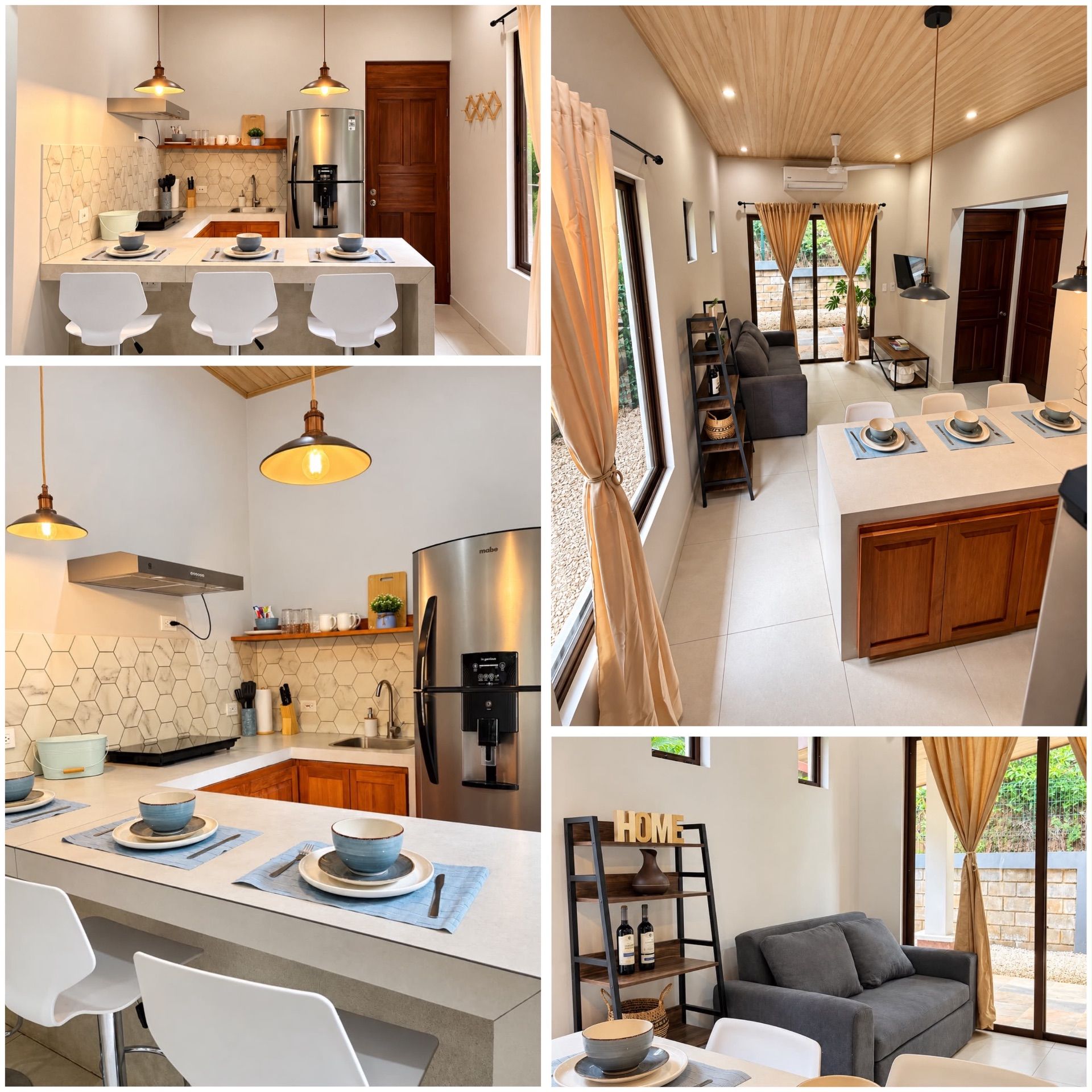 Collage of an open kitchen with breakfast bar, stools, induction cooktop and fridge, beside a living area with sofa